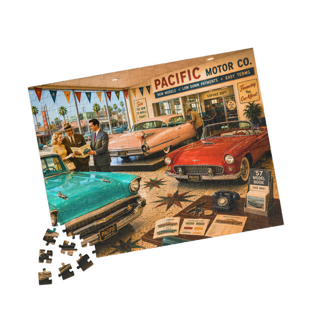 I'm Just Looking, Darling – Vintage Car Dealership Art Puzzle