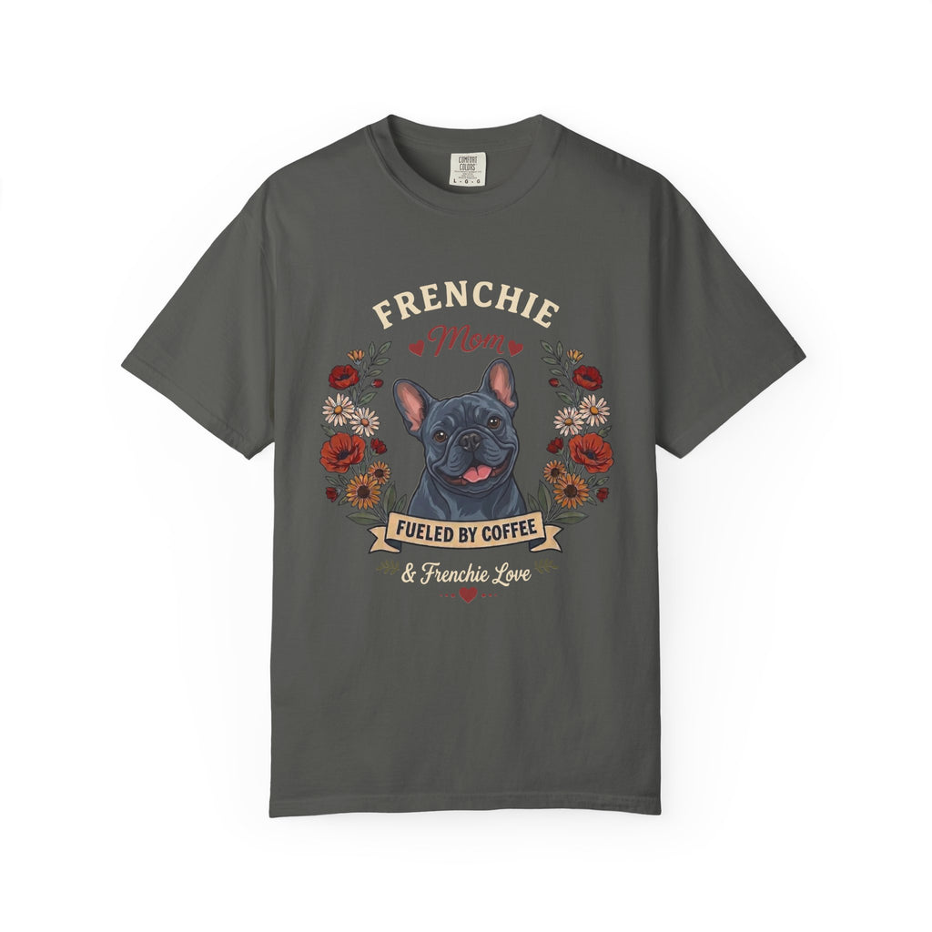 Blue French Bulldog Dog Mom T-Shirt | Fueled by Coffee & Frenchie Love