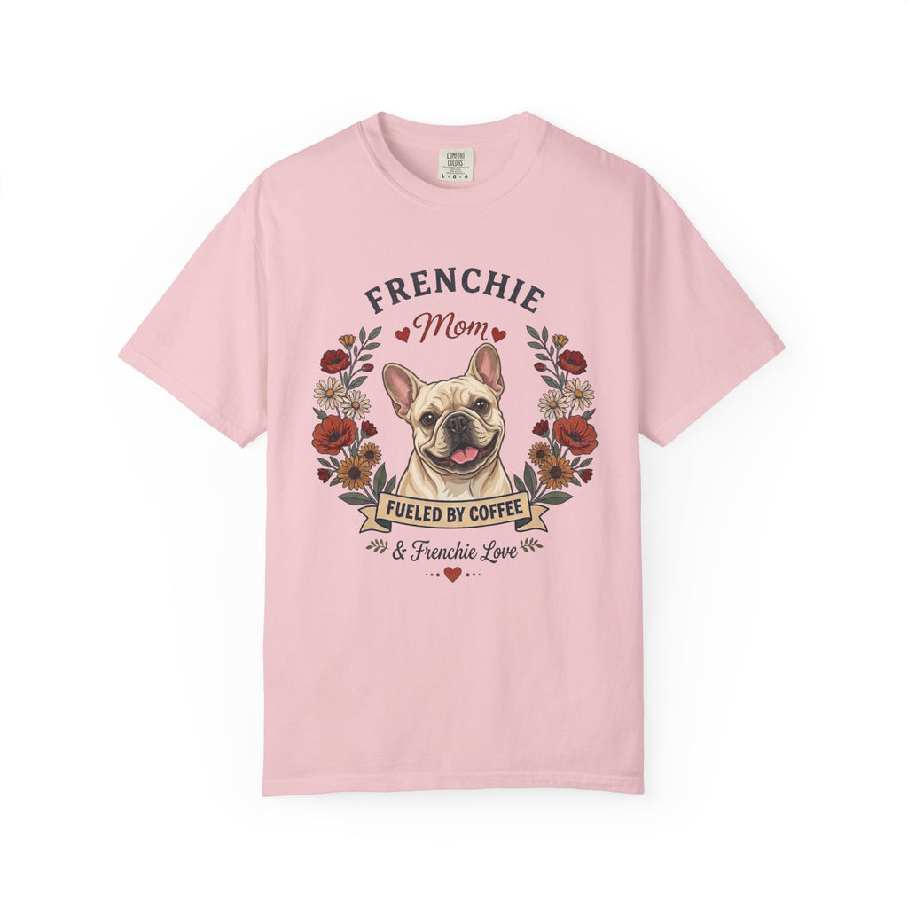 Cream French Bulldog Dog Mom T-Shirt | Fueled by Coffee & Frenchie Love
