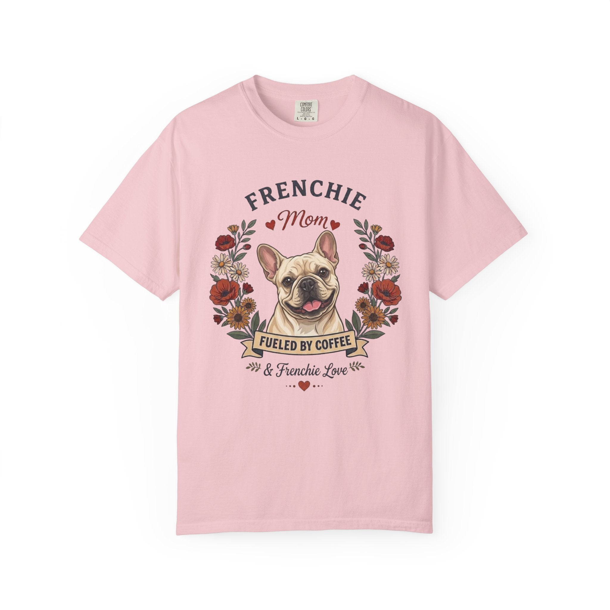 Cream French Bulldog Dog Mom T-Shirt | Fueled by Coffee & Frenchie Love