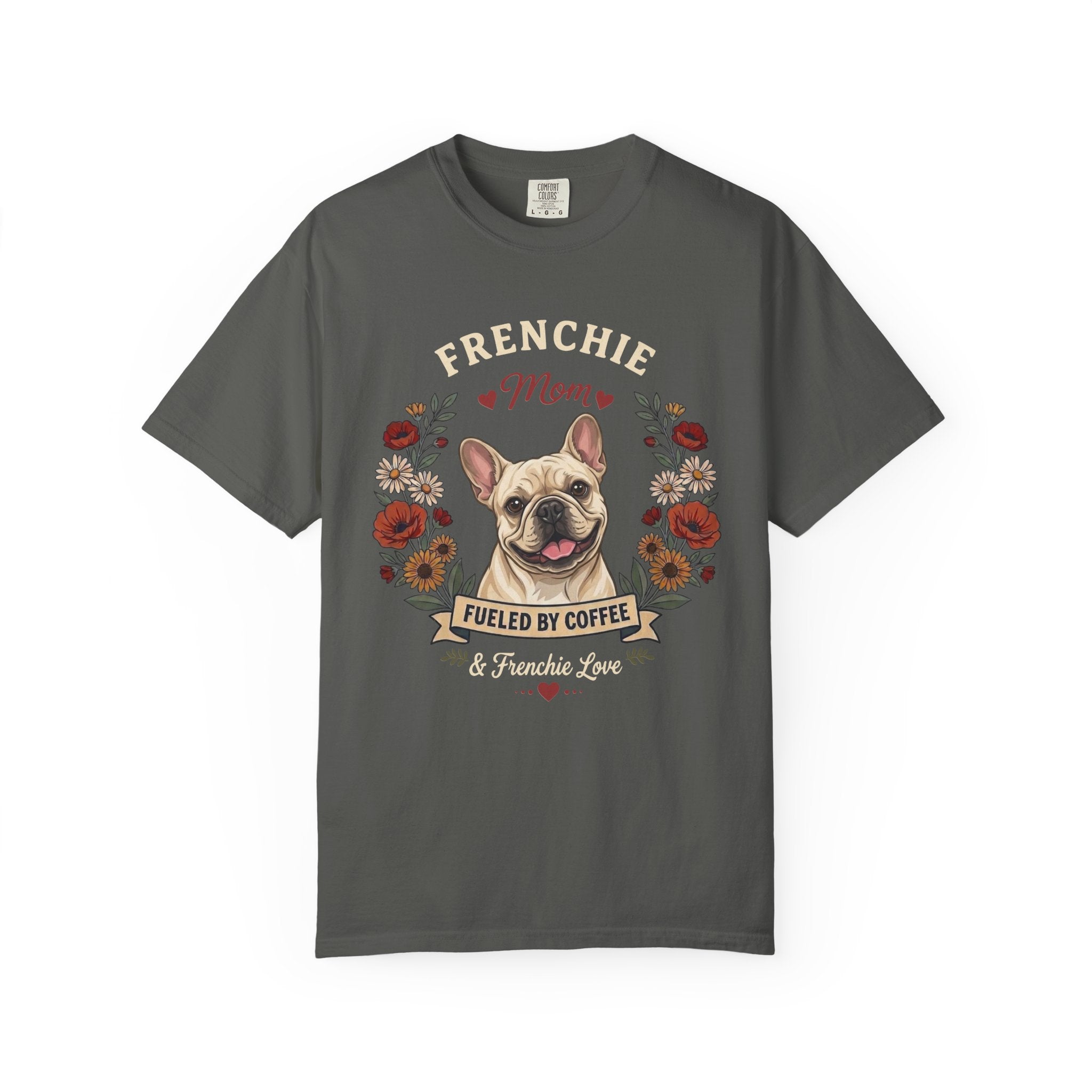 Cream French Bulldog Dog Mom T-Shirt | Fueled by Coffee & Frenchie Love