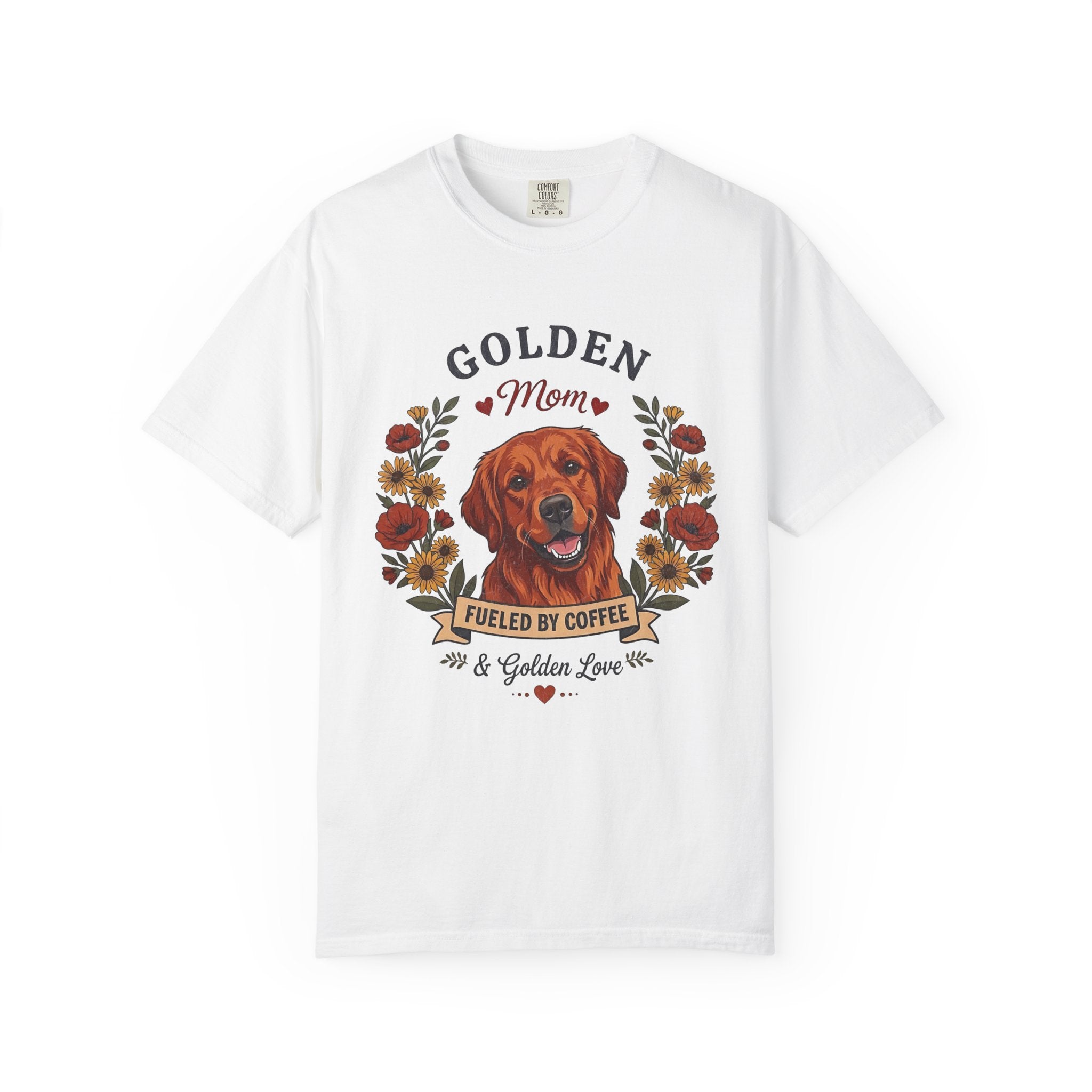 Red Golden Retriever Dog Mom T-Shirt | Fueled by Coffee & Golden Love