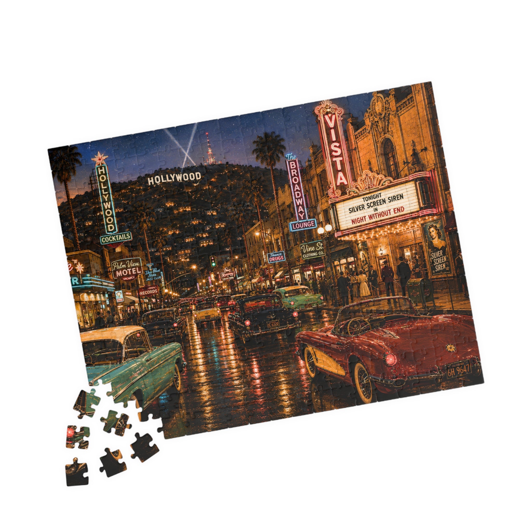 Hollywood After Dark – Neon Los Angeles Night & Classic Cars Art Puzzle