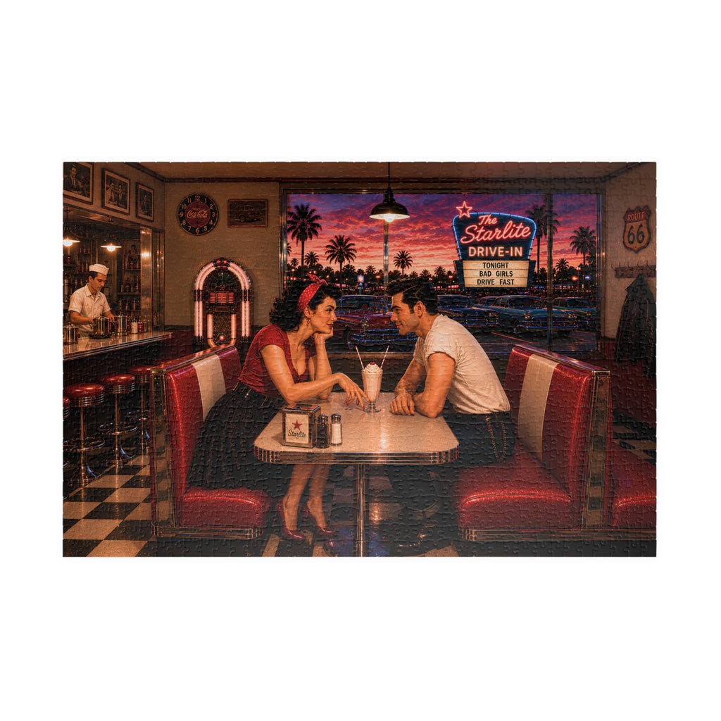A square puzzle, also used as wall art print depicting a retro 1950s diner scene with a couple seated at a table, red vinyl booths, a checkered floor, and a sunset sky with palm trees and a neon sign in the background.