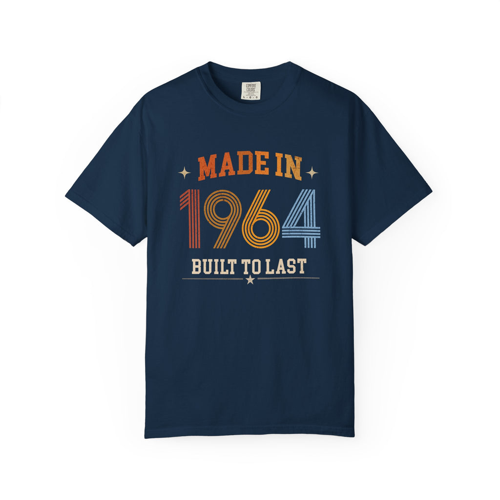 Navy blue t-shirt with 'Made in 1964 Built to Last' text on a white background
