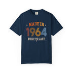 Navy blue t-shirt with 'Made in 1964 Built to Last' text on a white background