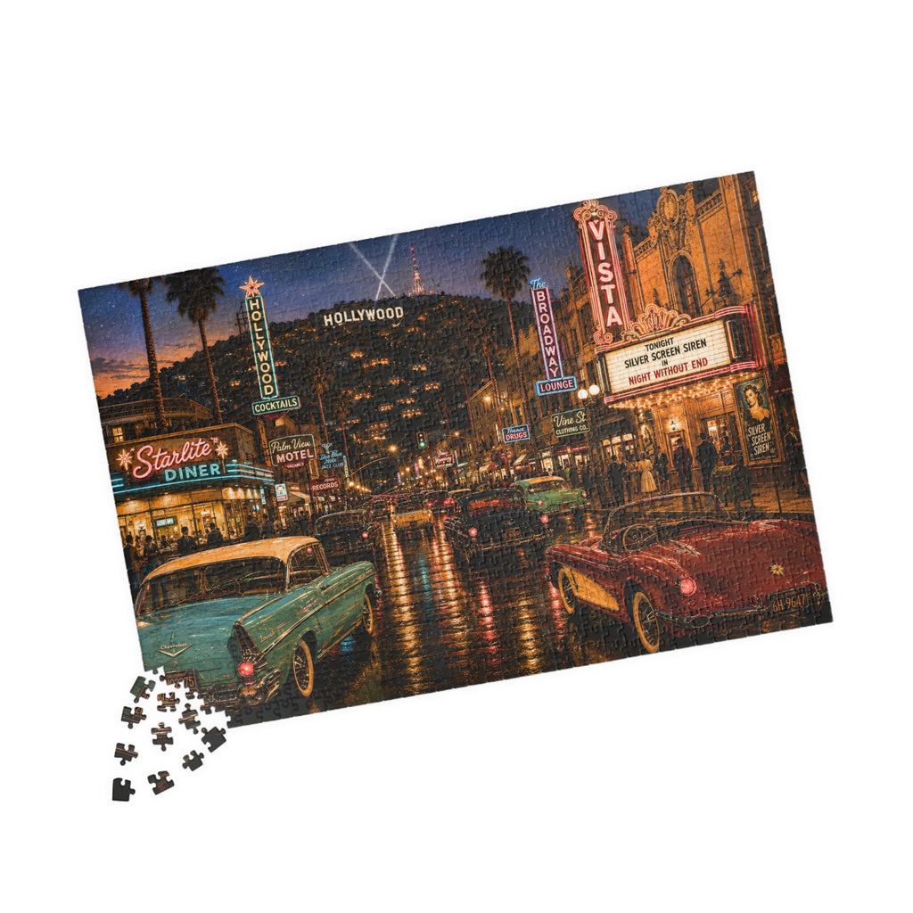 Hollywood After Dark – Neon Los Angeles Night & Classic Cars Art Puzzle