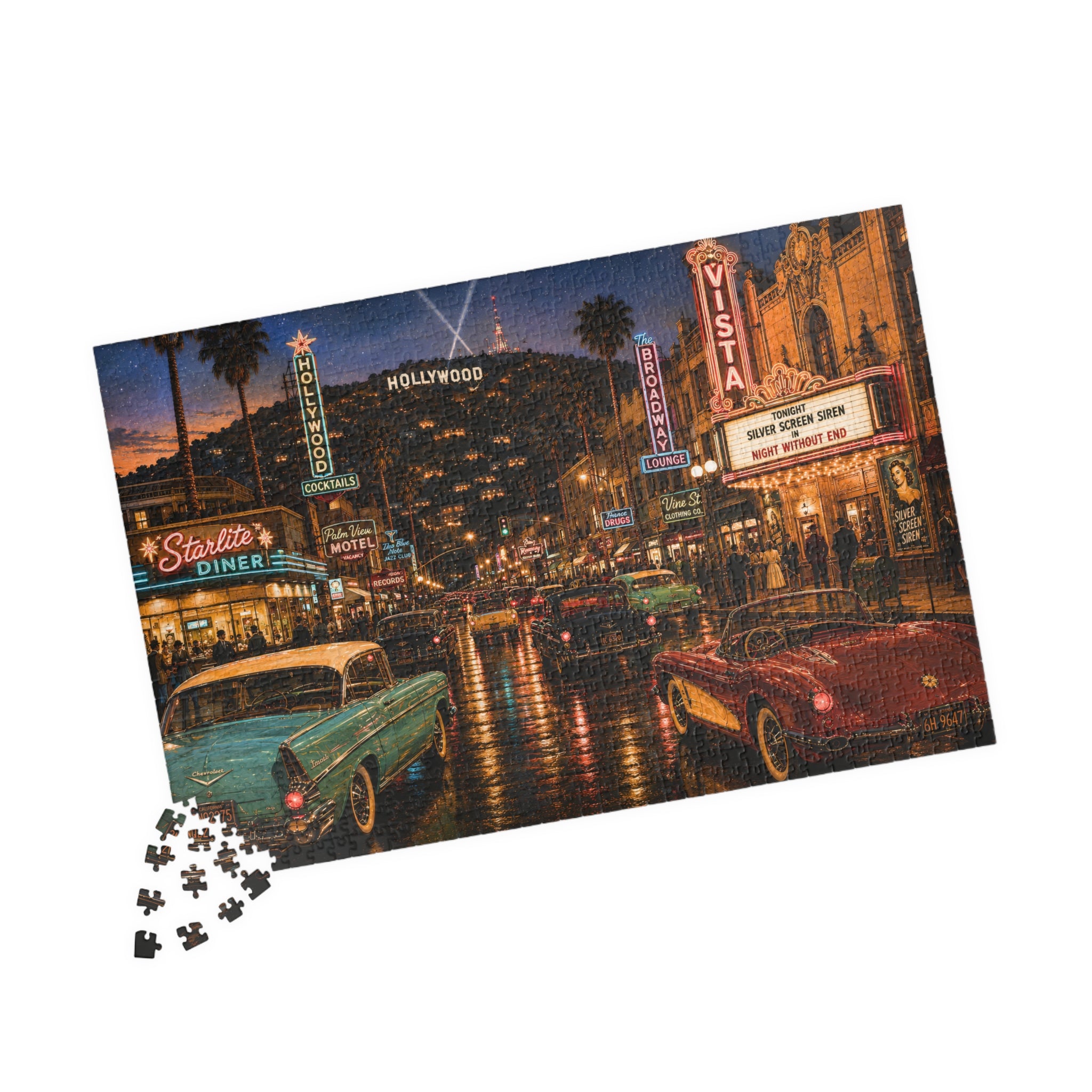 Hollywood After Dark – Neon Los Angeles Night & Classic Cars Art Puzzle