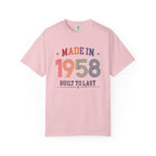 Pink t-shirt with 'Made in 1958 Built to Last' text on a white background