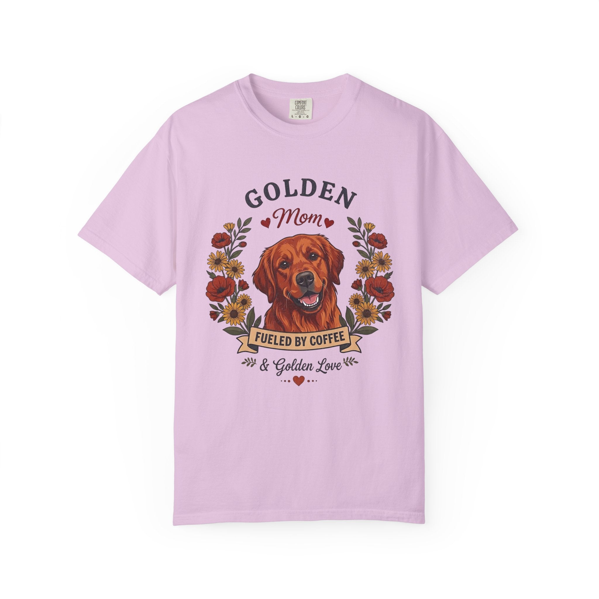 Red Golden Retriever Dog Mom T-Shirt | Fueled by Coffee & Golden Love