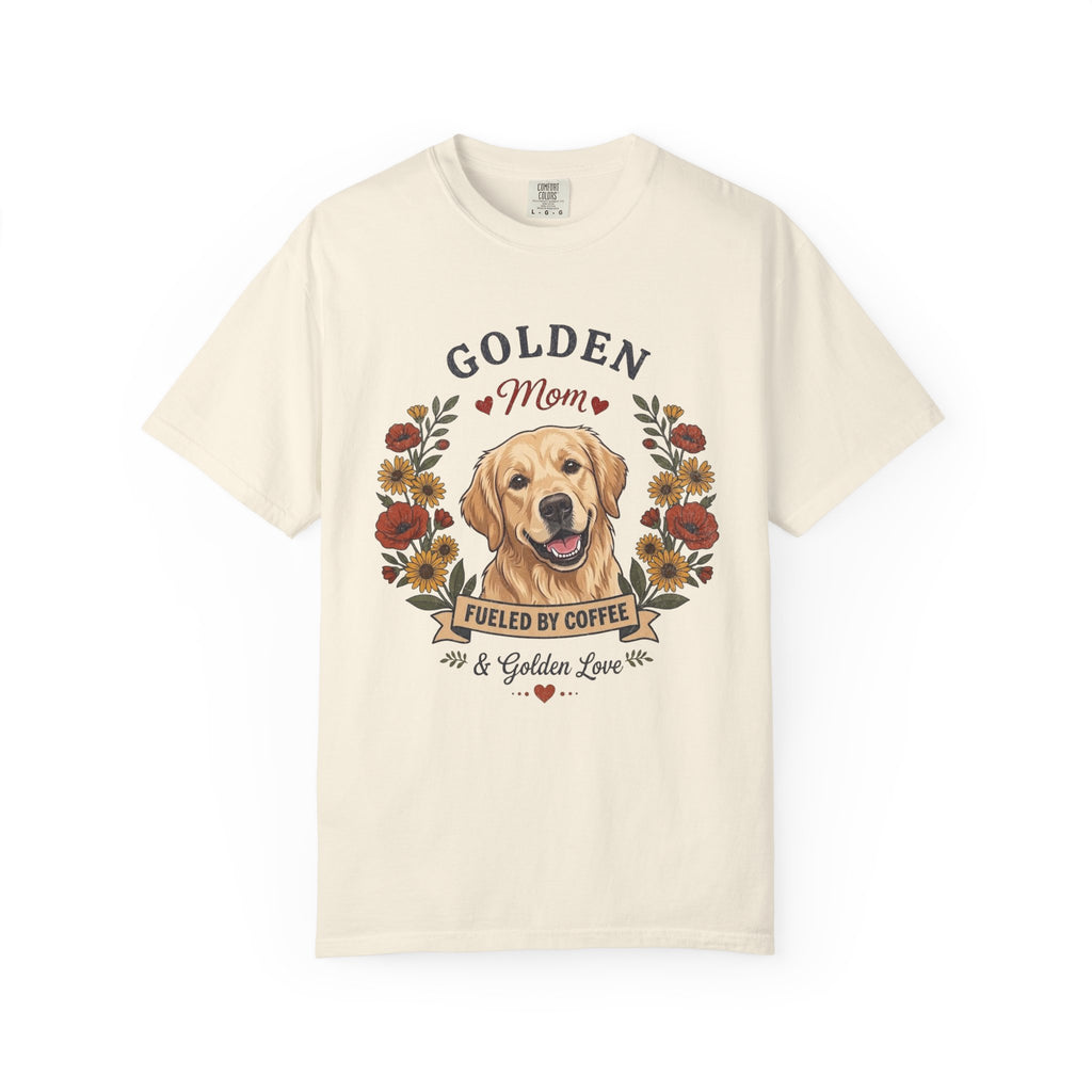 Light Golden Retriever Dog Mom T-Shirt | Fueled by Coffee & Golden Love