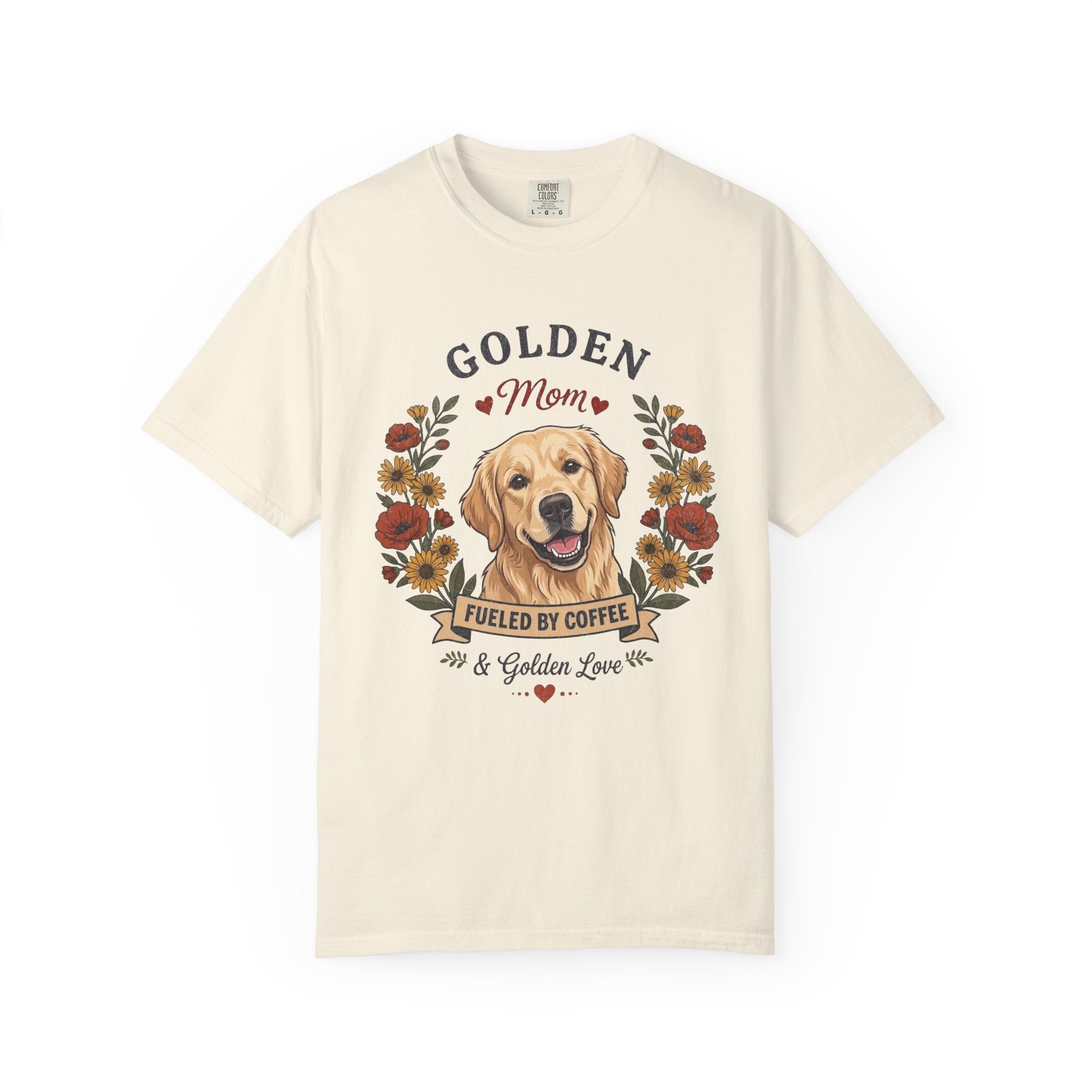 Light Golden Retriever Dog Mom T-Shirt | Fueled by Coffee & Golden Love
