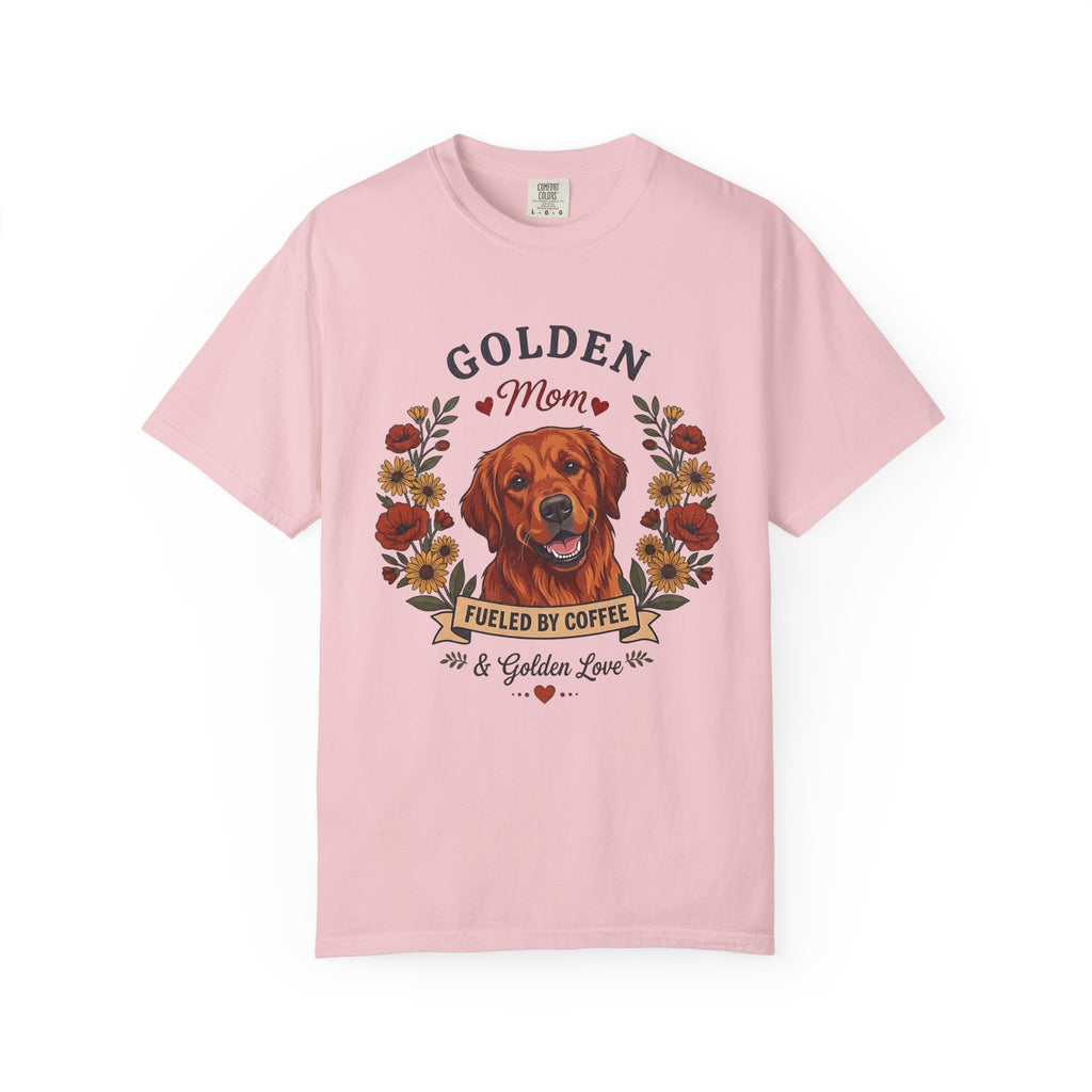 Red Golden Retriever Dog Mom T-Shirt | Fueled by Coffee & Golden Love