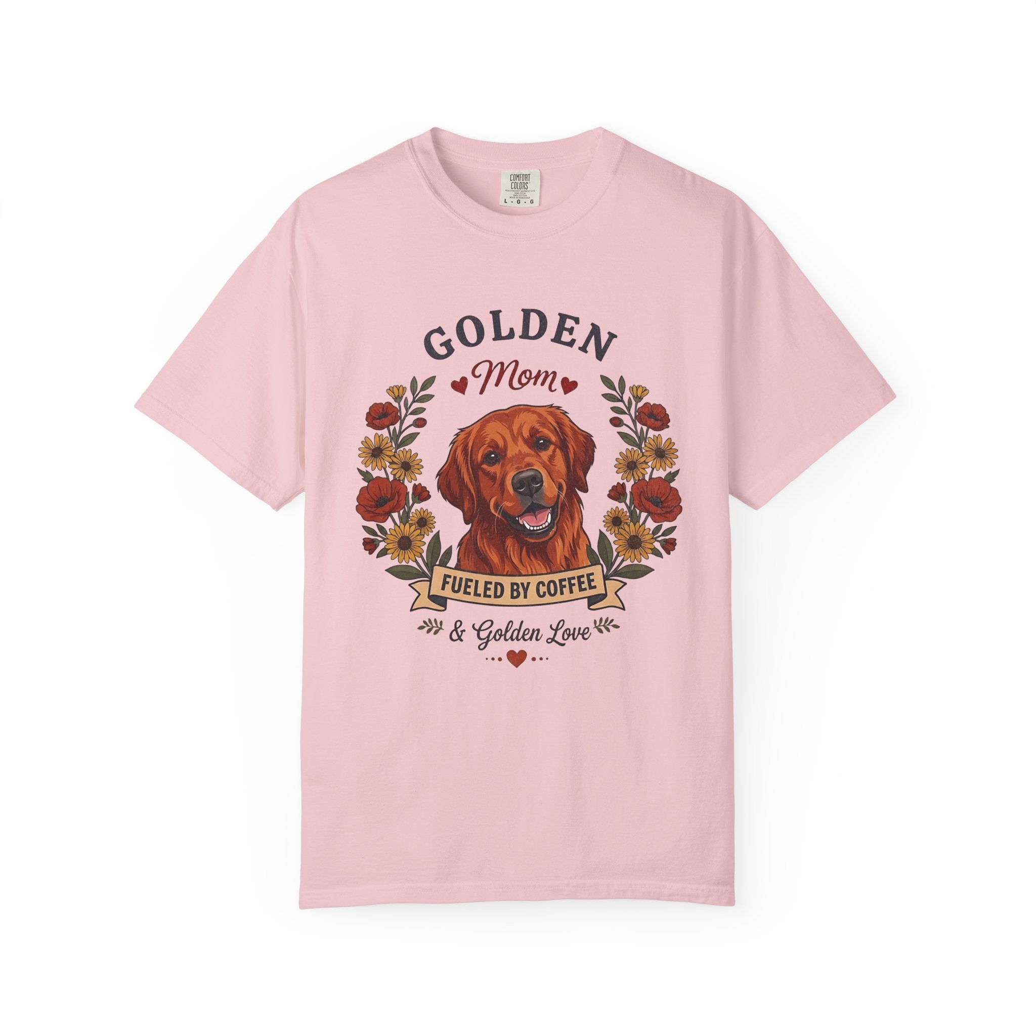 Red Golden Retriever Dog Mom T-Shirt | Fueled by Coffee & Golden Love
