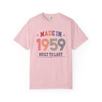 Pink t-shirt with 'Made in 1959 Built to Last' text on a white background