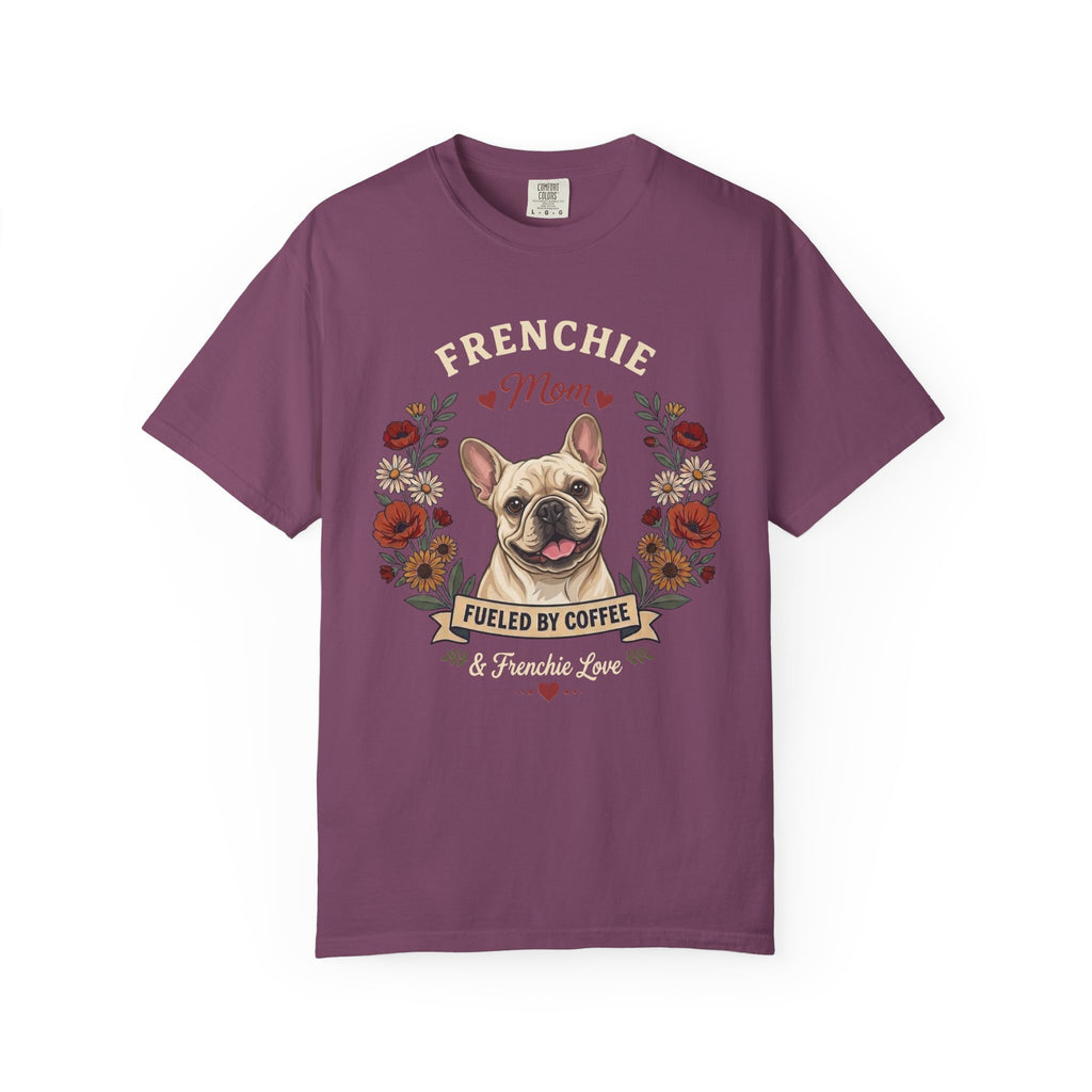 Cream French Bulldog Dog Mom T-Shirt | Fueled by Coffee & Frenchie Love