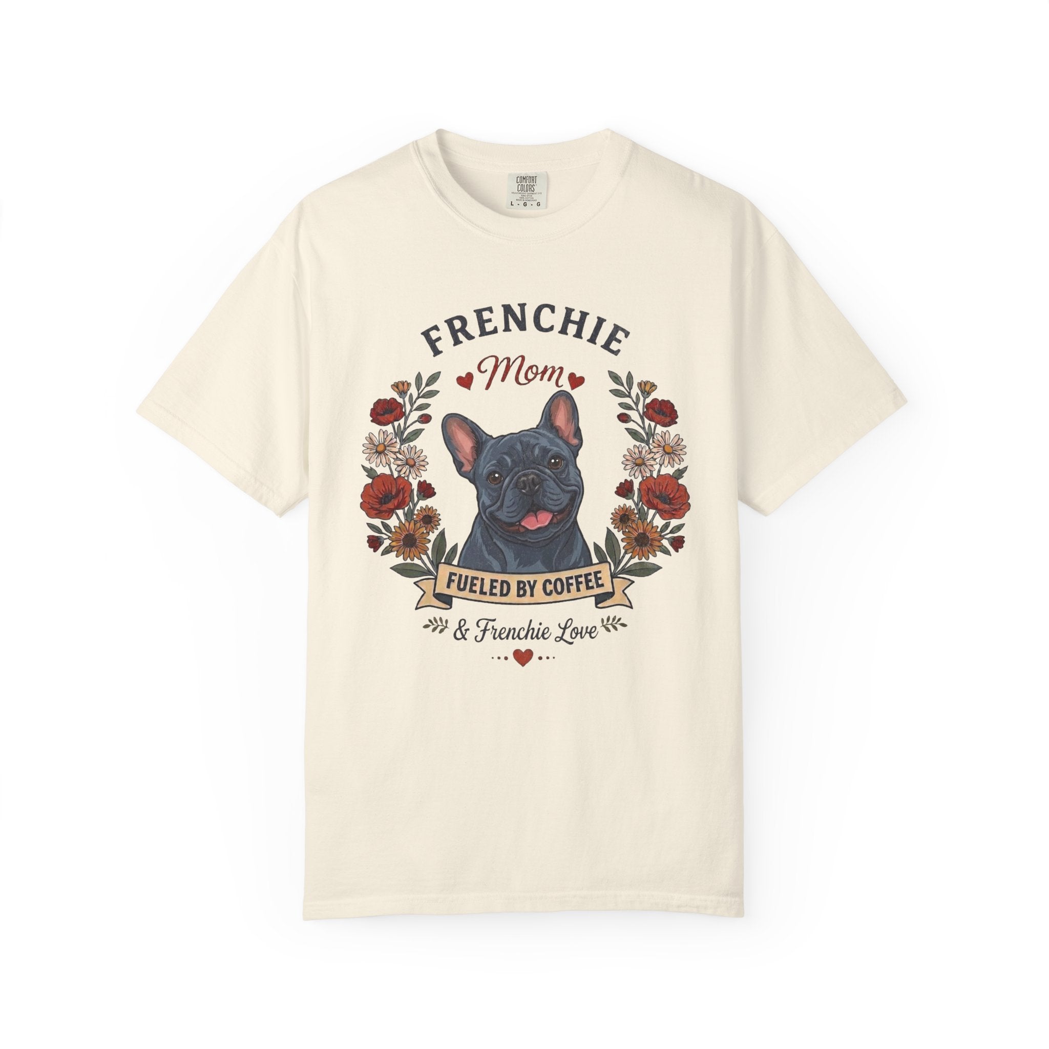 Blue French Bulldog Dog Mom T-Shirt | Fueled by Coffee & Frenchie Love