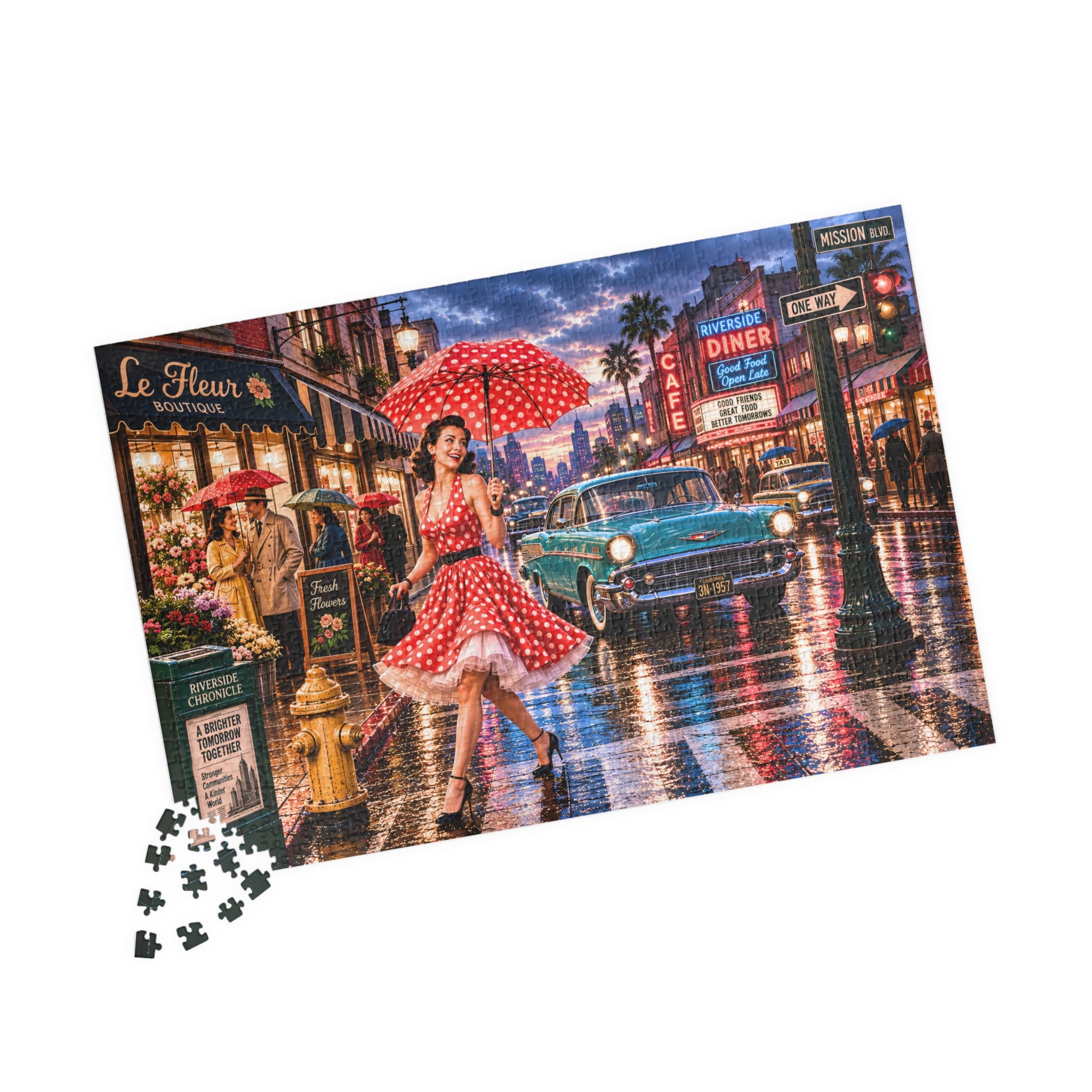 A Little Rain Never Ruined the Outfit – Retro Pin-Up City Art Puzzle