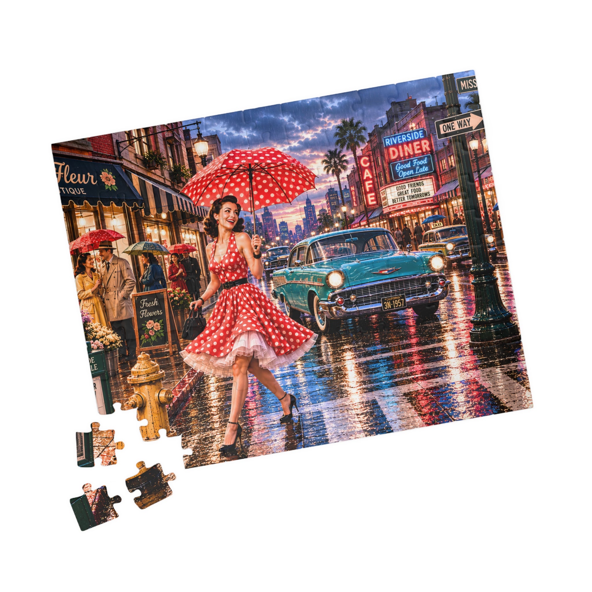 A Little Rain Never Ruined the Outfit – Retro Pin-Up City Art Puzzle