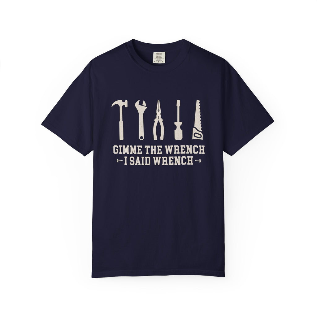 A navy blue short-sleeve crewneck t-shirt with a white graphic print of various hand tools and the text 'GIMME THE WRENCH I SAID WRENCH' on the front, displayed against a plain white background.
