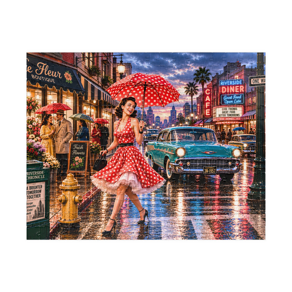 A Little Rain Never Ruined the Outfit – Retro Pin-Up City Art Puzzle
