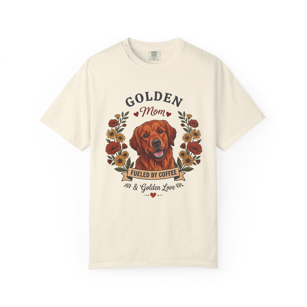 Red Golden Retriever Dog Mom T-Shirt | Fueled by Coffee & Golden Love