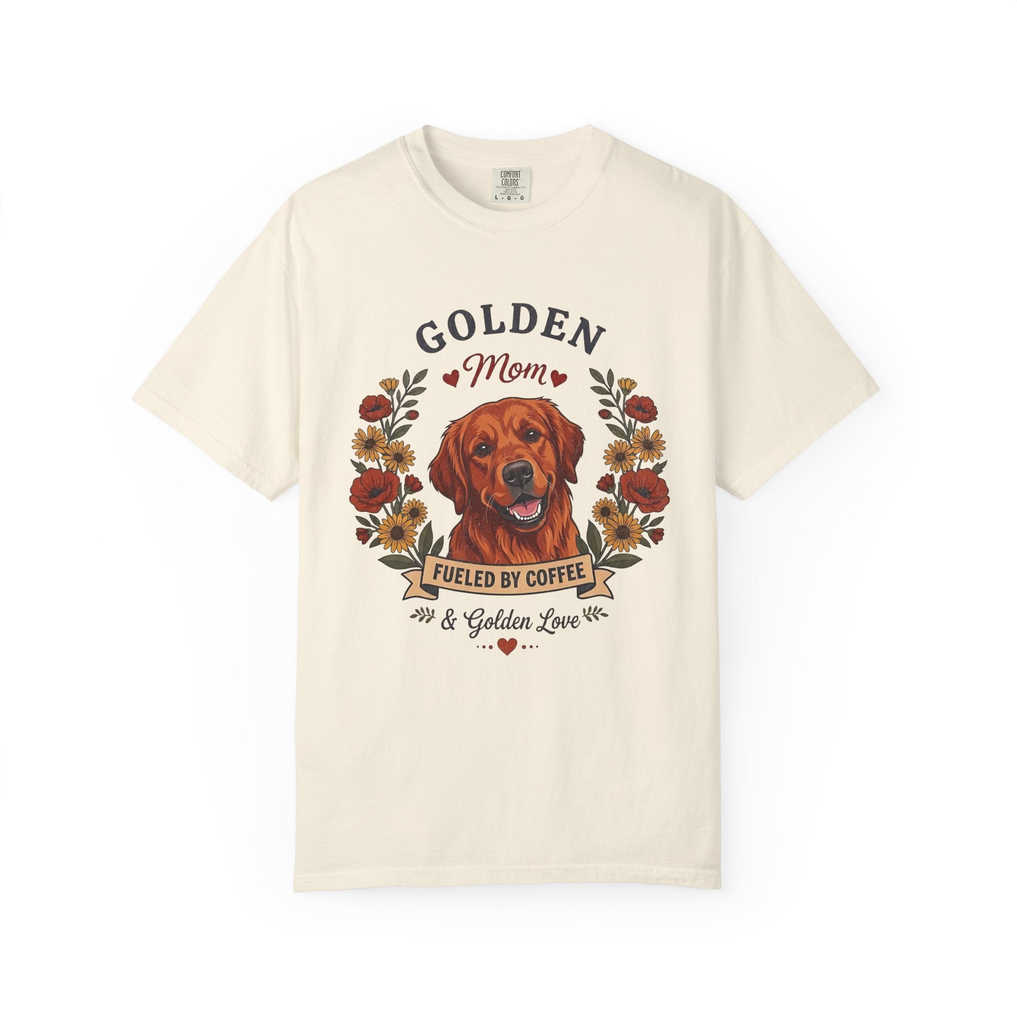 Red Golden Retriever Dog Mom T-Shirt | Fueled by Coffee & Golden Love