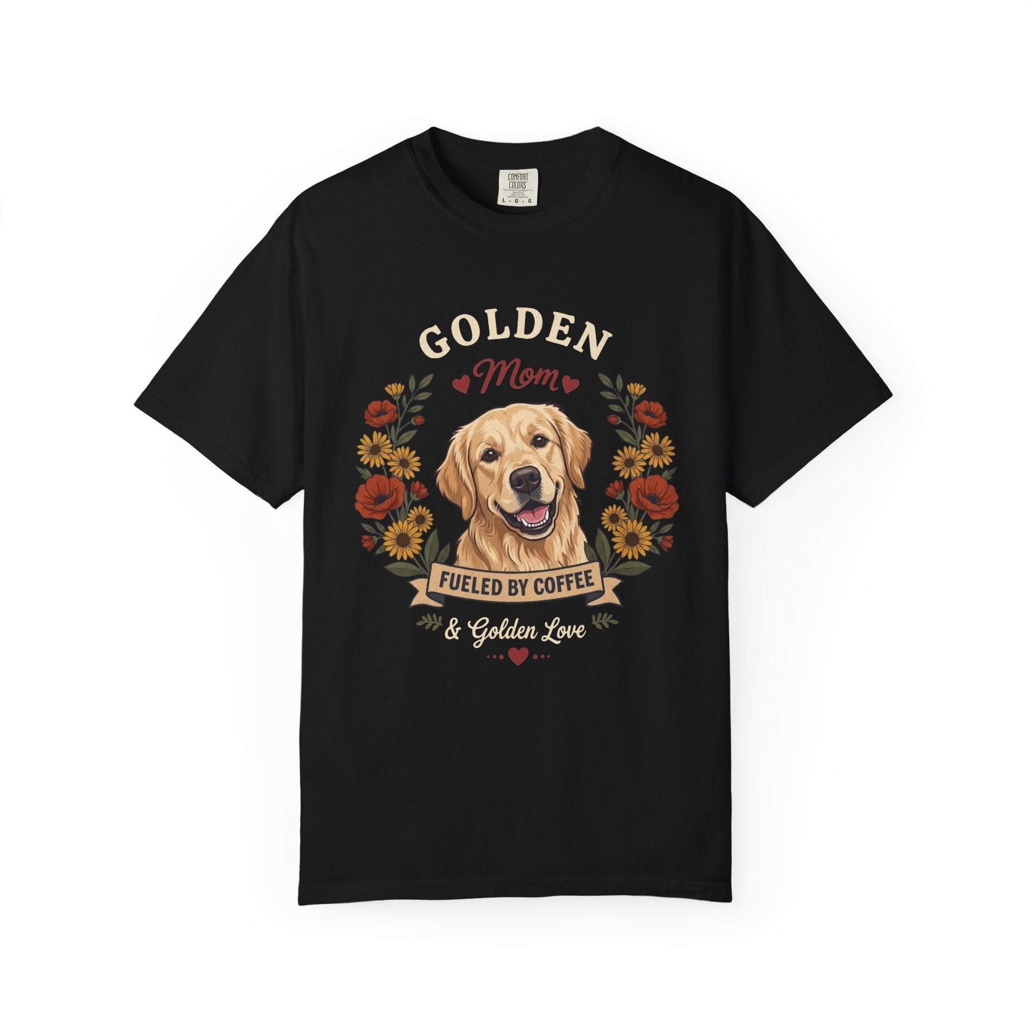 Light Golden Retriever Dog Mom T-Shirt | Fueled by Coffee & Golden Love