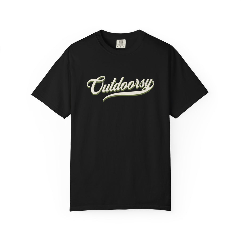 Black t-shirt with Outdoorsy text on a white background