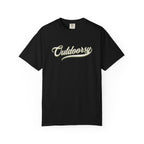 Black t-shirt with Outdoorsy text on a white background