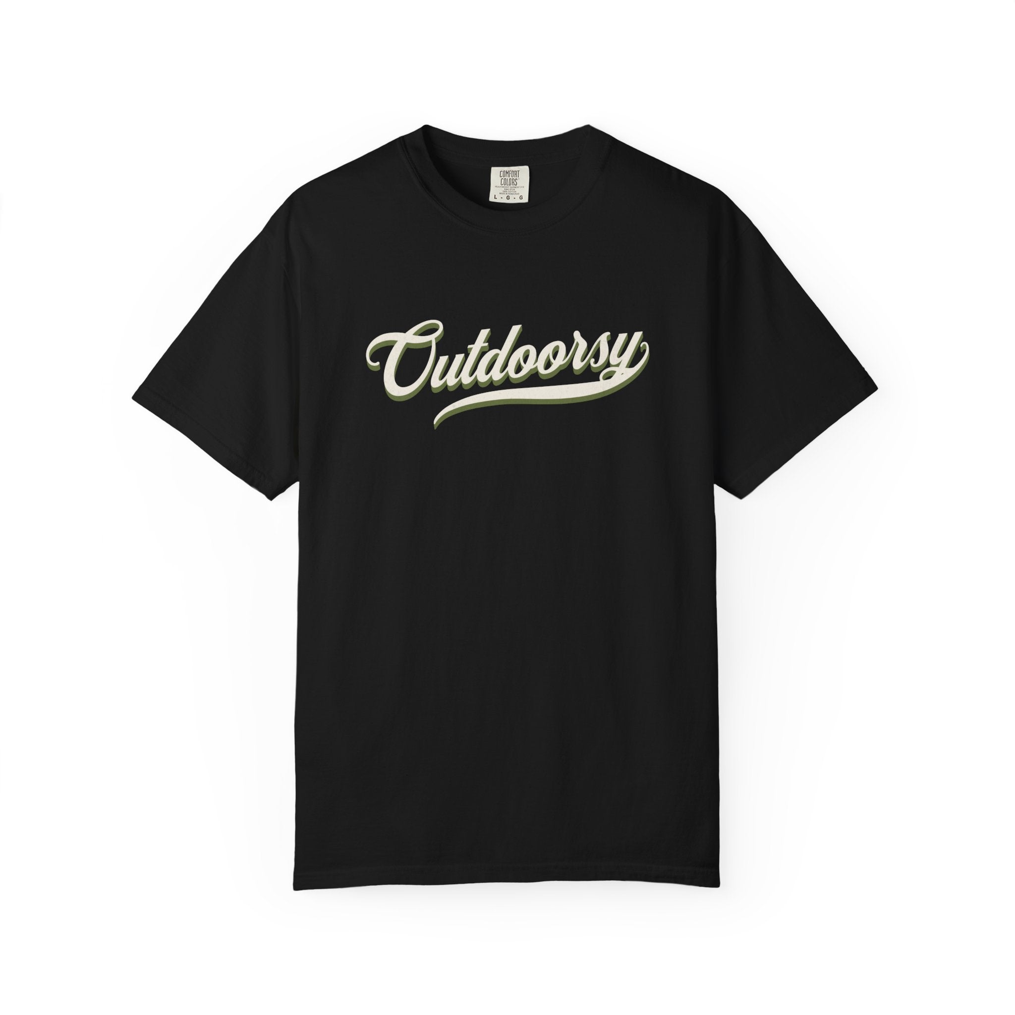 Black t-shirt with Outdoorsy text on a white background