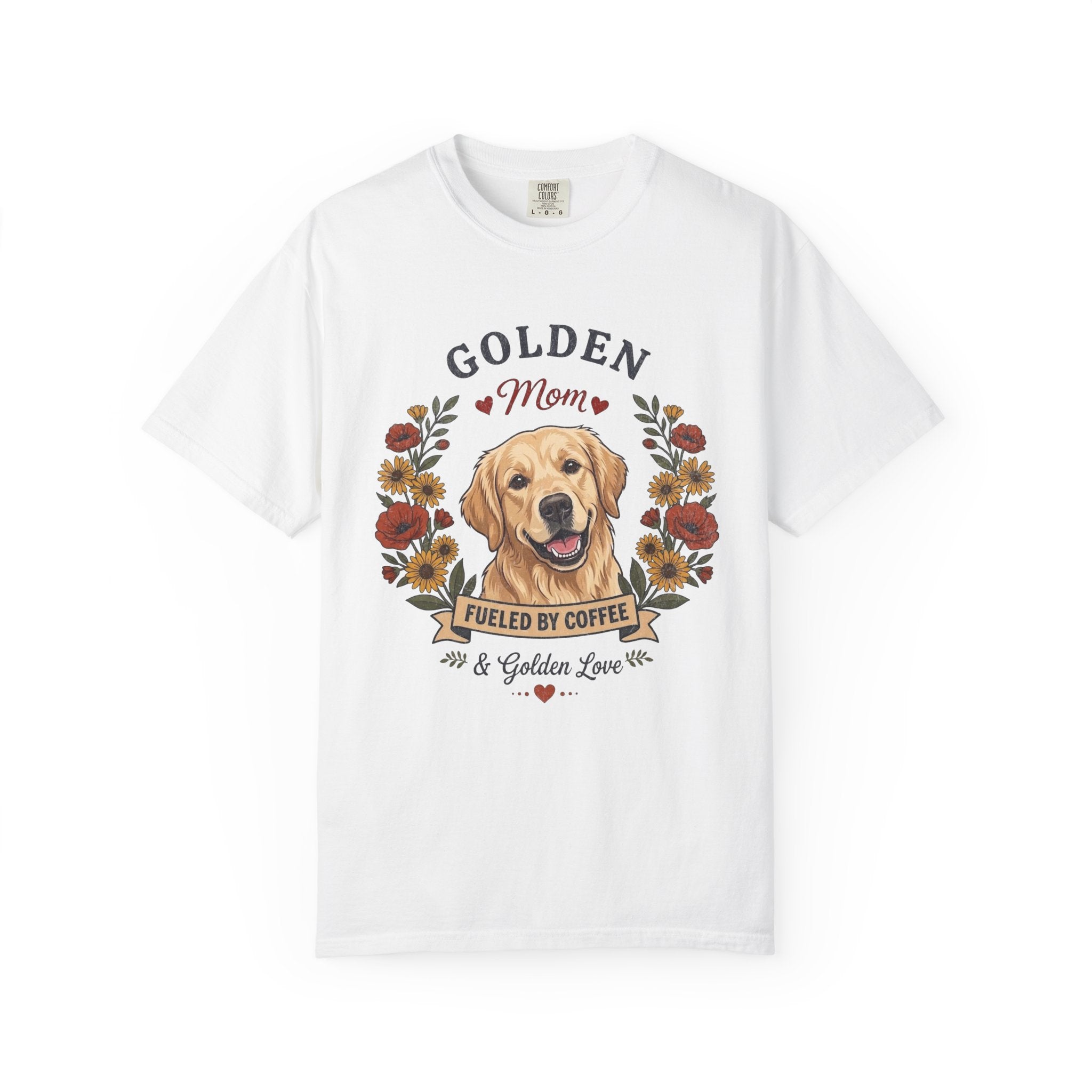 Light Golden Retriever Dog Mom T-Shirt | Fueled by Coffee & Golden Love