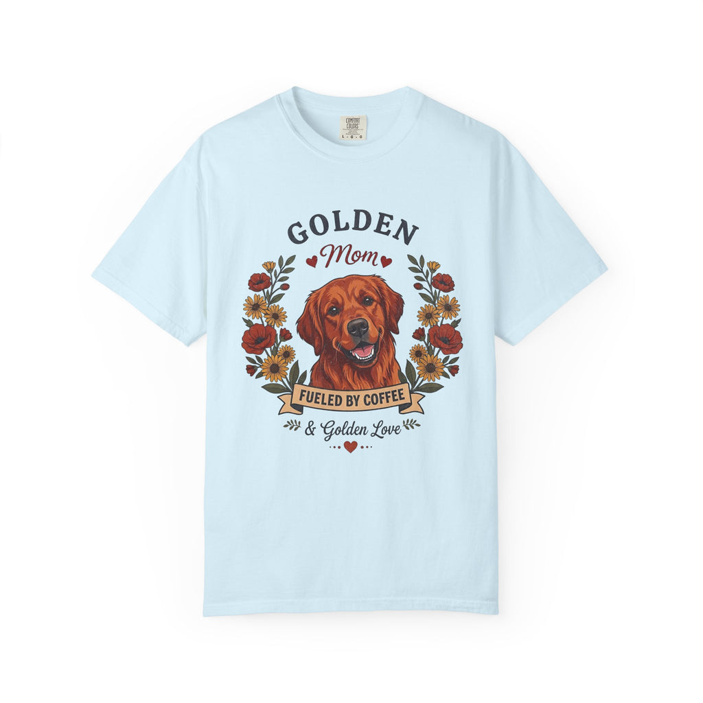Red Golden Retriever Dog Mom T-Shirt | Fueled by Coffee & Golden Love
