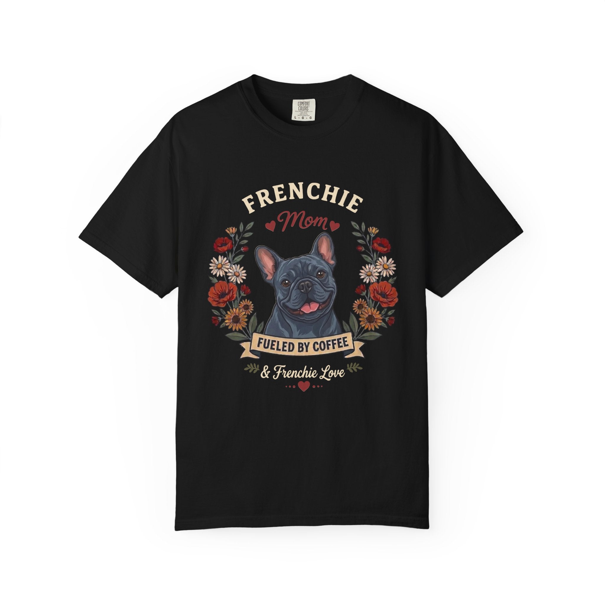 Blue French Bulldog Dog Mom T-Shirt | Fueled by Coffee & Frenchie Love