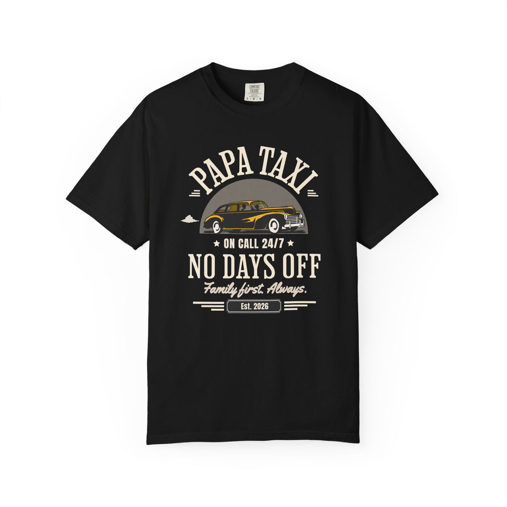 Navy blue t-shirt with 'Papa Taxi since 2026' graphic on a white background