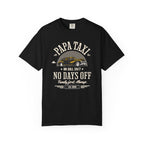 Navy blue t-shirt with 'Papa Taxi since 2026' graphic on a white background