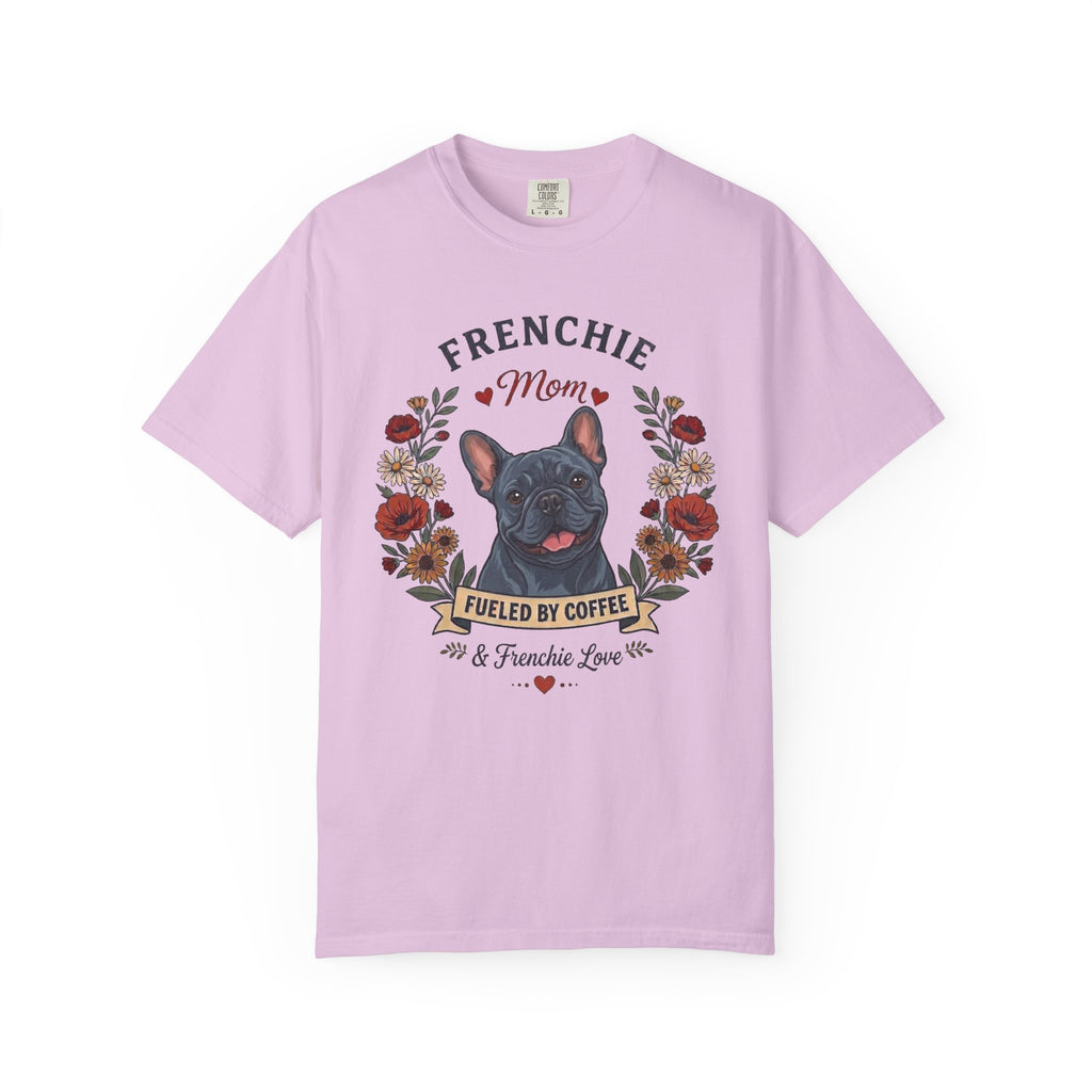 Blue French Bulldog Dog Mom T-Shirt | Fueled by Coffee & Frenchie Love