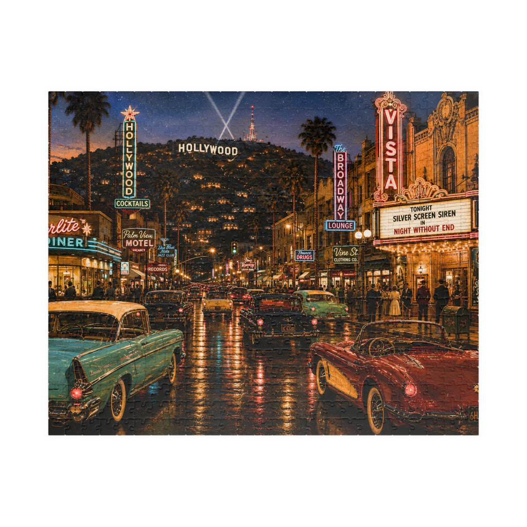 Hollywood After Dark – Neon Los Angeles Night & Classic Cars Art Puzzle