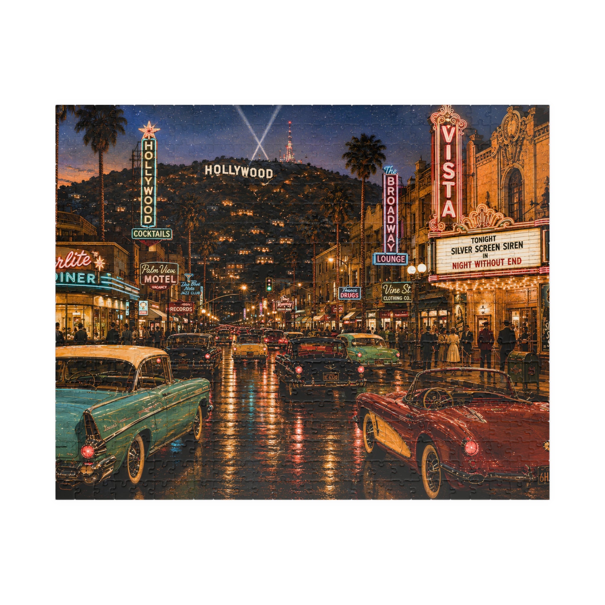Hollywood After Dark – Neon Los Angeles Night & Classic Cars Art Puzzle