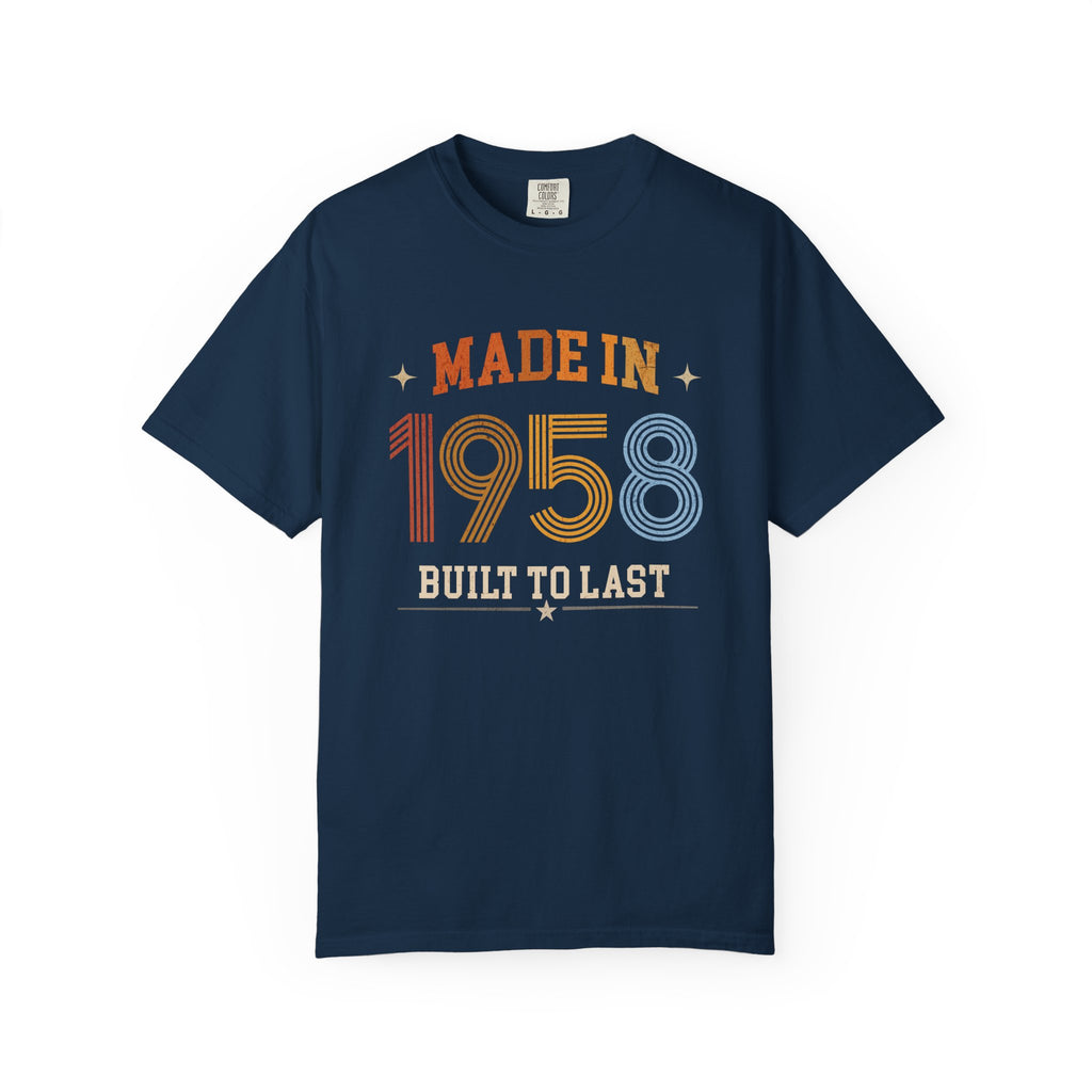 Navy blue t-shirt with 'Made in 1958 Built to Last' text on a white background