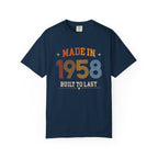 Navy blue t-shirt with 'Made in 1958 Built to Last' text on a white background
