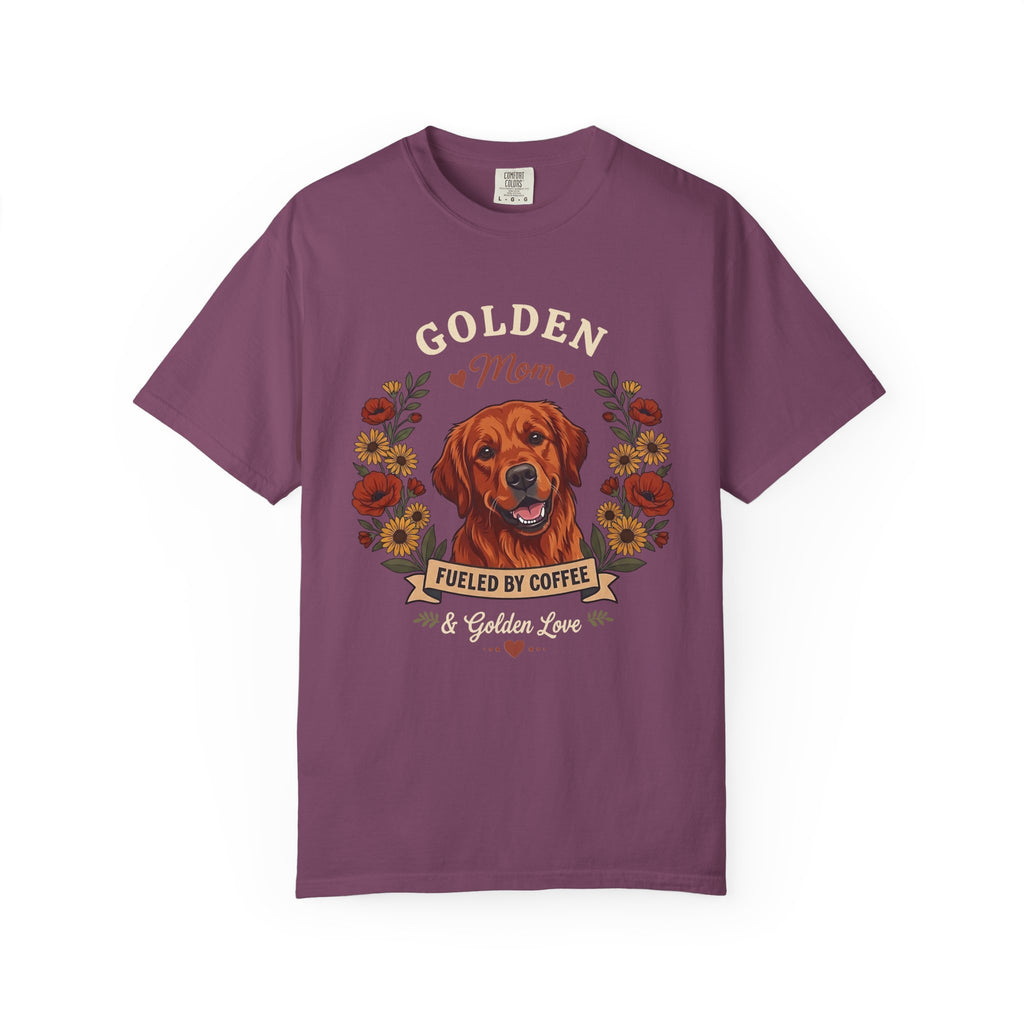 Red Golden Retriever Dog Mom T-Shirt | Fueled by Coffee & Golden Love
