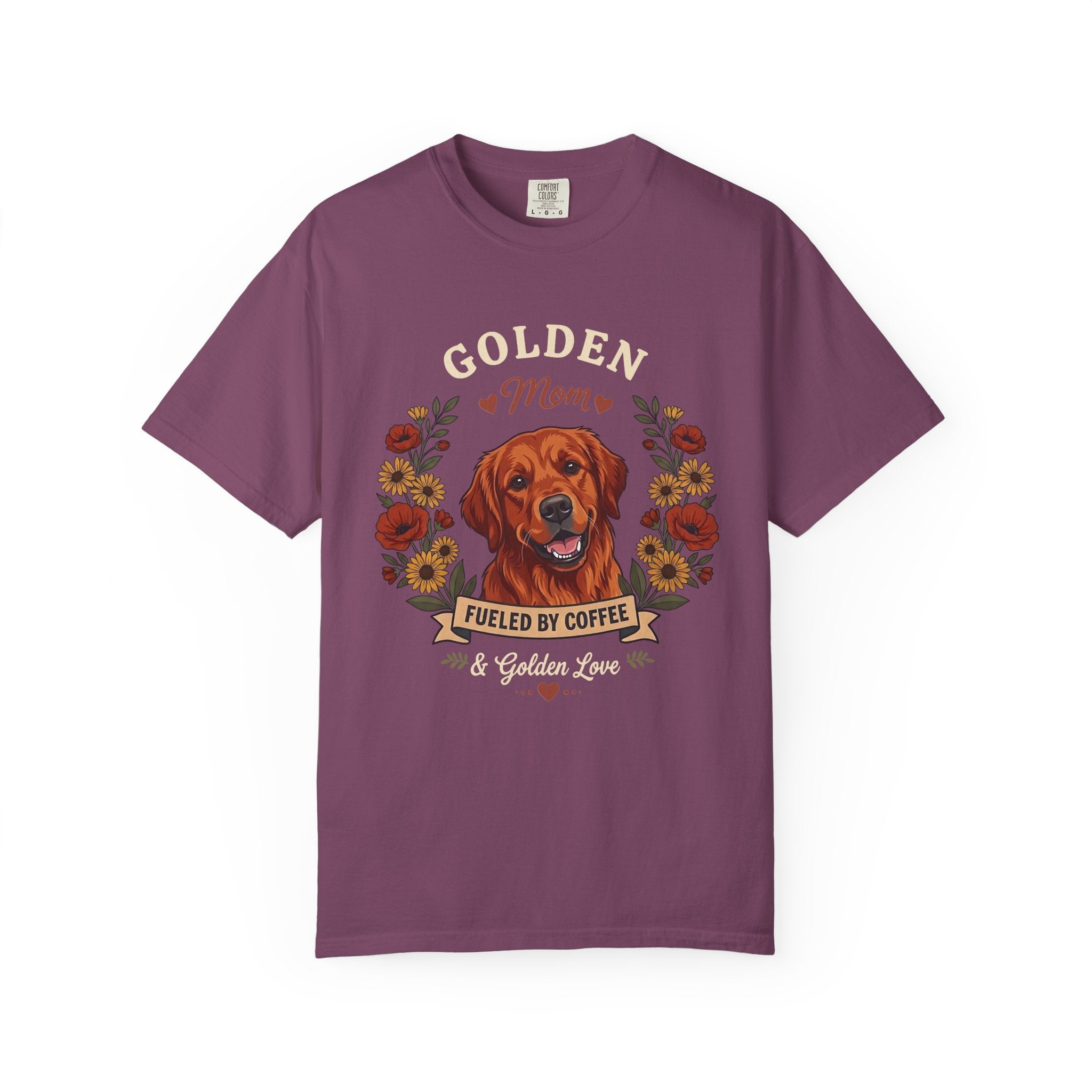 Red Golden Retriever Dog Mom T-Shirt | Fueled by Coffee & Golden Love