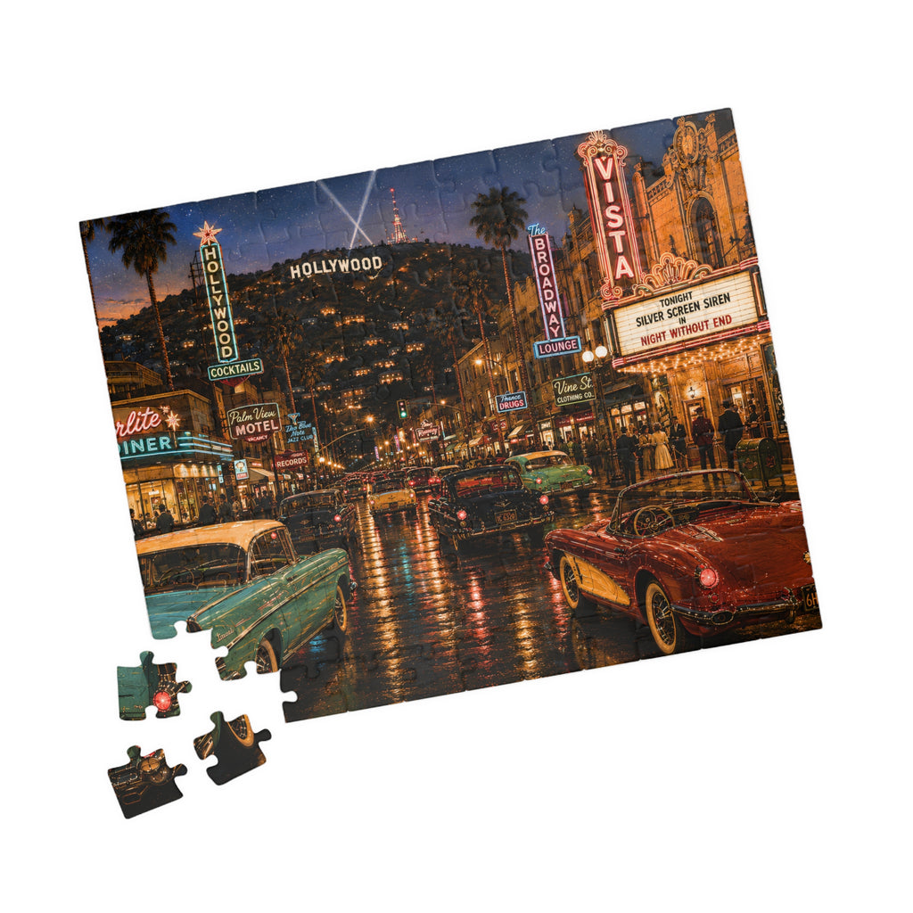 Hollywood After Dark – Neon Los Angeles Night & Classic Cars Art Puzzle
