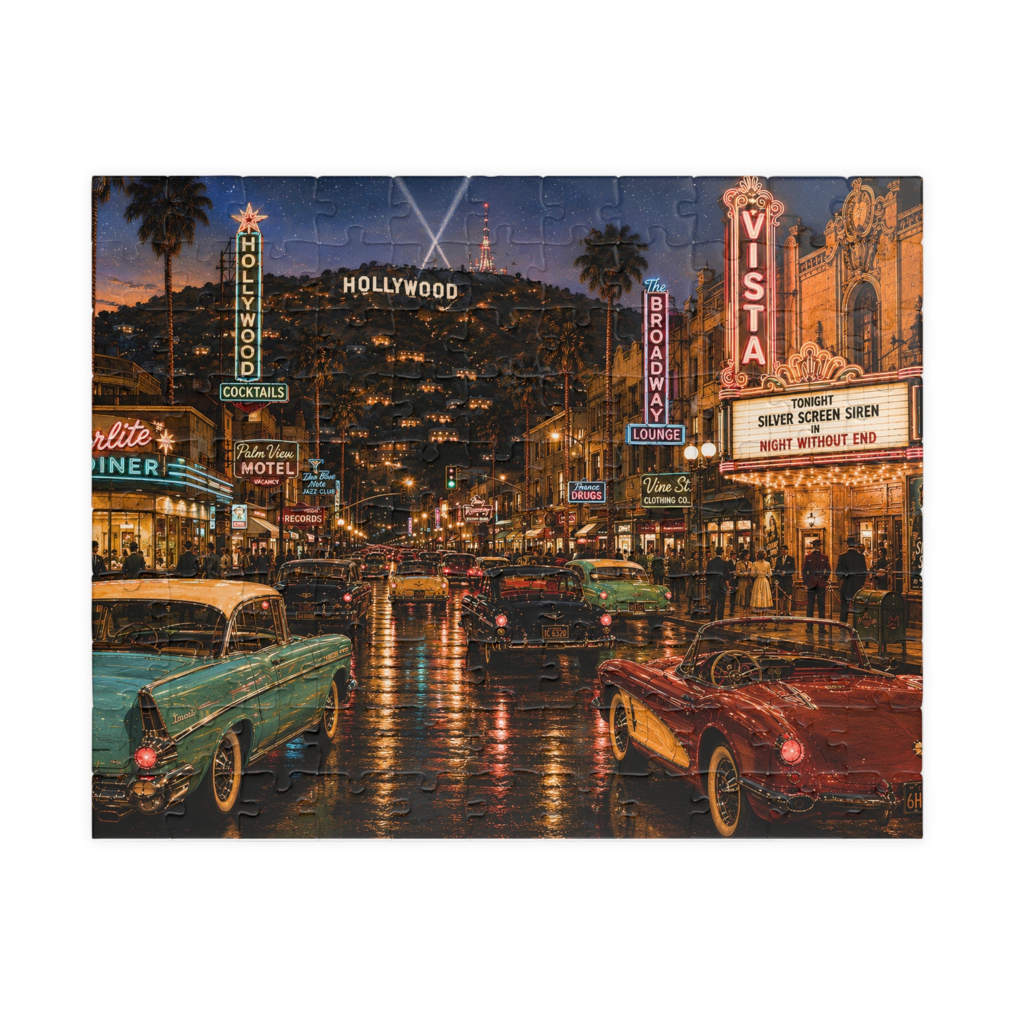 Hollywood After Dark – Neon Los Angeles Night & Classic Cars Art Puzzle