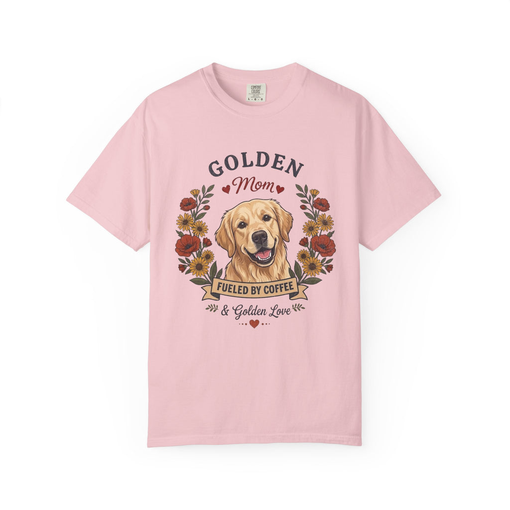 Light Golden Retriever Dog Mom T-Shirt | Fueled by Coffee & Golden Love