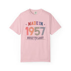 Pink t-shirt with 'Made in 1957 Built to Last' text on a white background