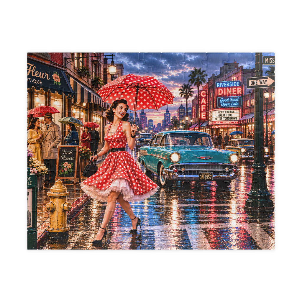 A Little Rain Never Ruined the Outfit – Retro Pin-Up City Art Puzzle