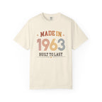 Ivory t-shirt with 'Made in 1963 Built to Last' text on a white background