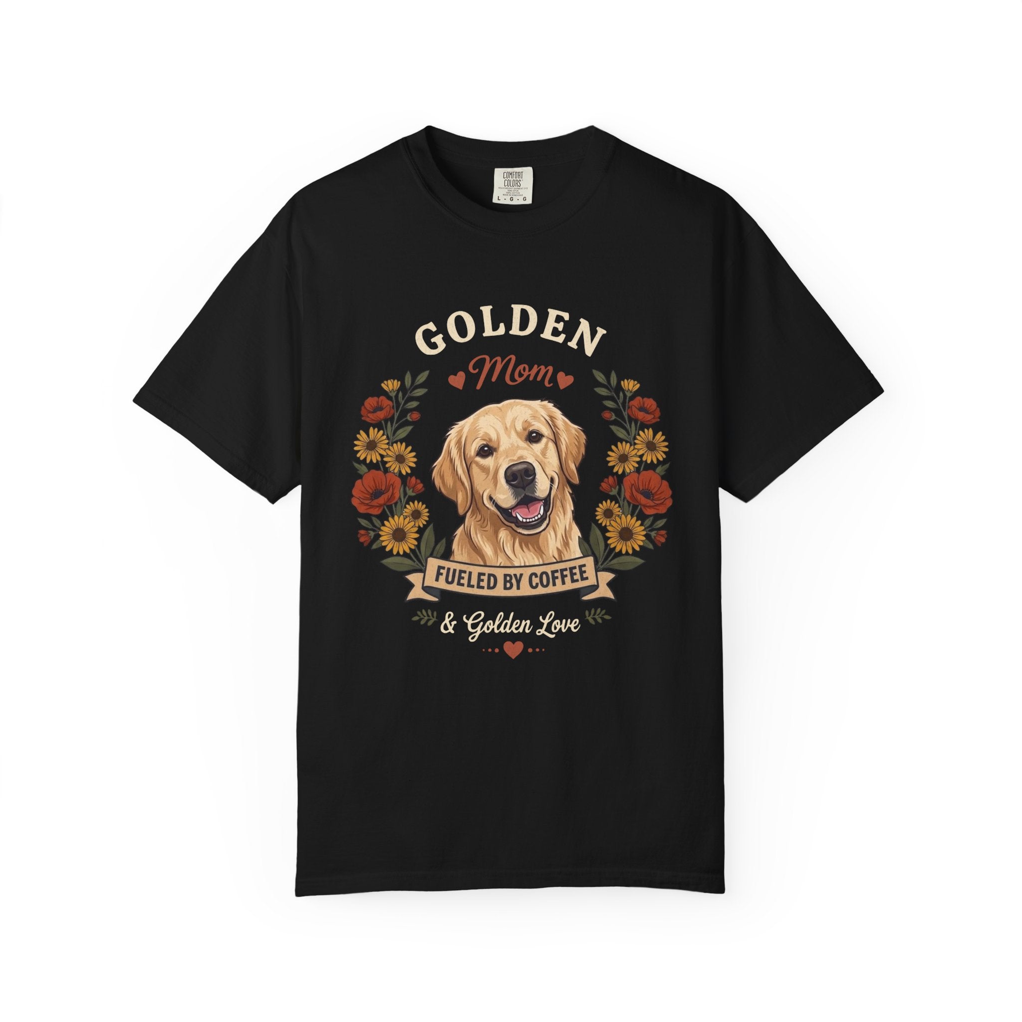 Light Golden Retriever Dog Mom T-Shirt | Fueled by Coffee & Golden Love
